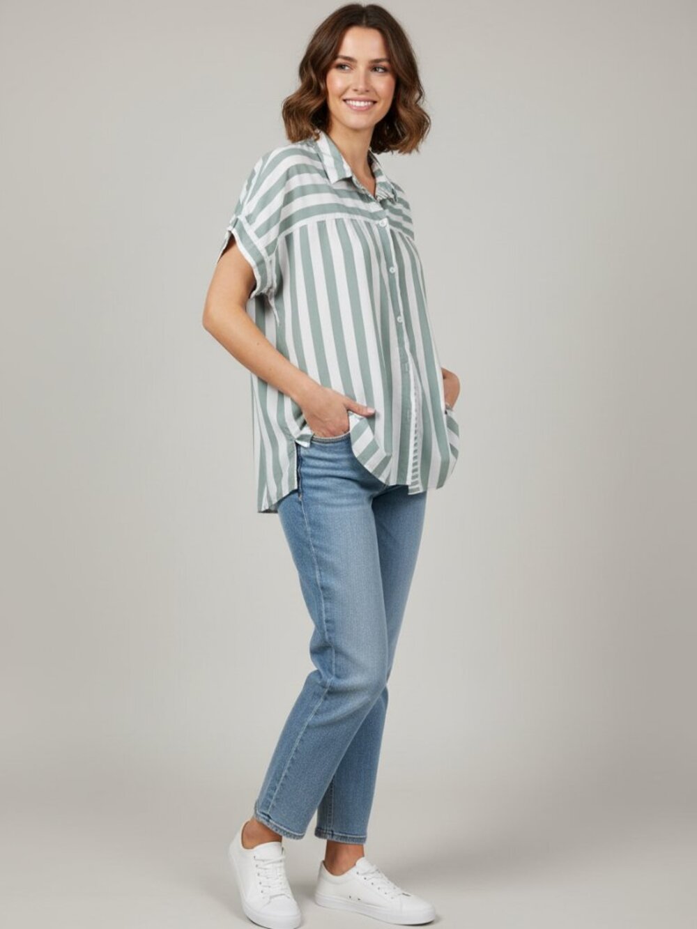 Jane and Delancey Sage and White Striped Button-Up Top